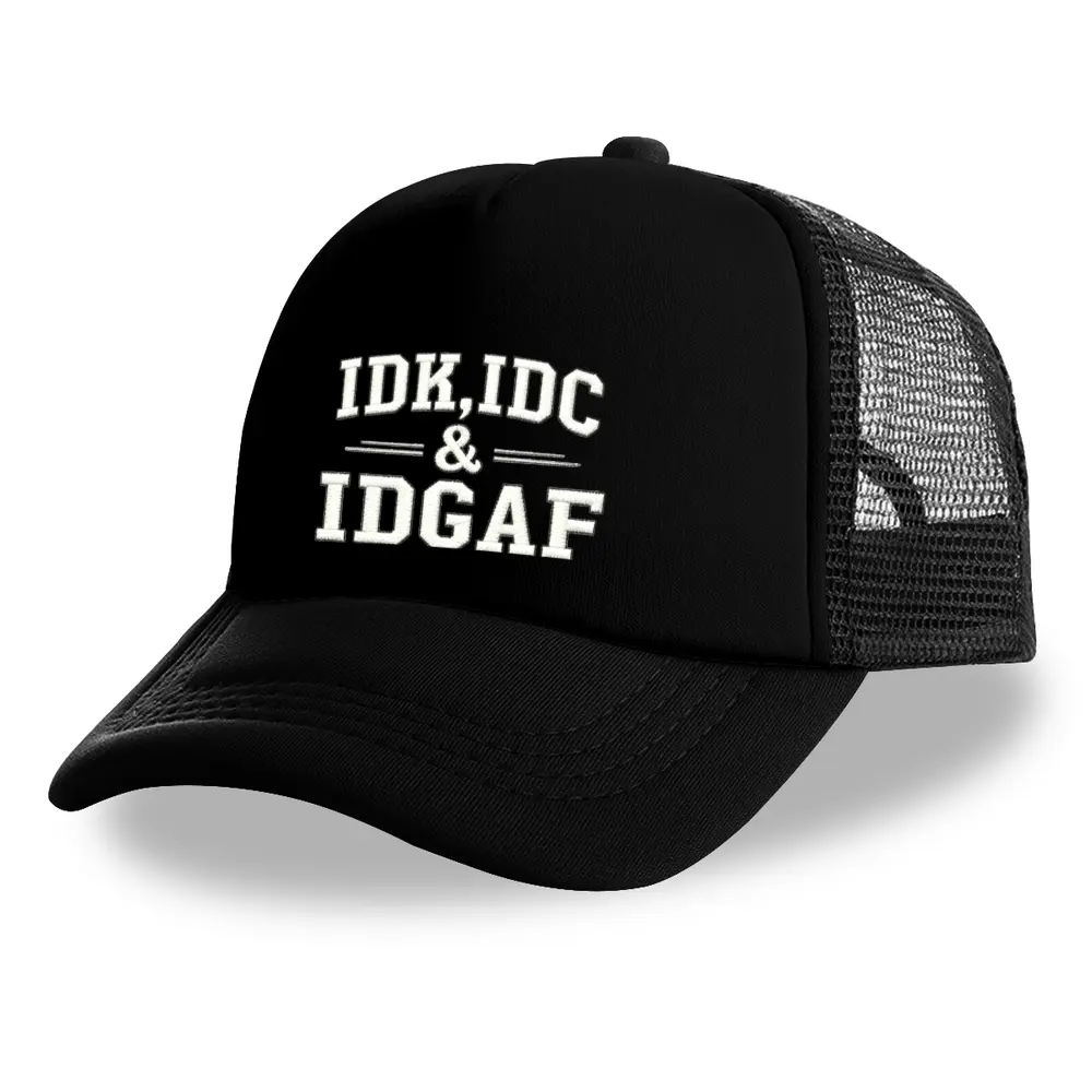 IDK IDC & IDGAF Funny Slogan Trucker Hat, Breathable Mesh Back Snapback Cap, Unisex Casual Outdoor Graphic Baseball Hat for Men Women