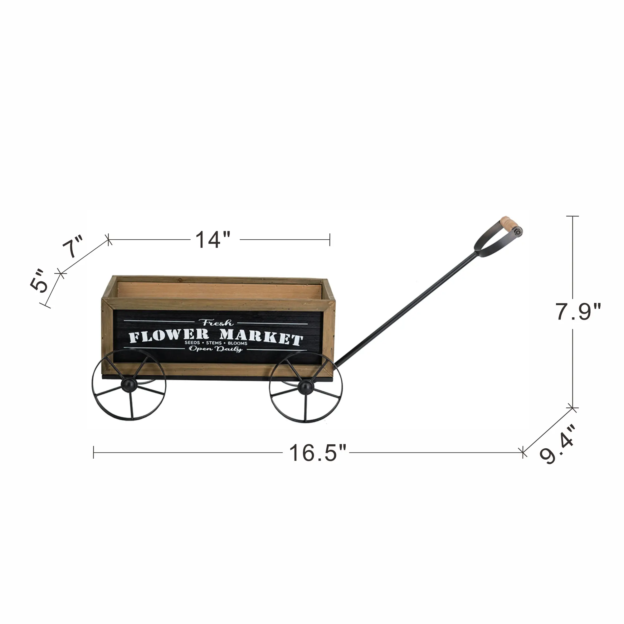 Rustic Wooden Wagon Planter with 6.5x9.5x8in Wooden Body, Black Iron Wheels, Handle, Garden Plant Container for Home Improvement & Garden Supplies, Outdoor Garden Accessories