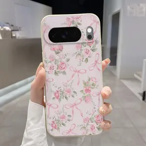 Rounded Edge Phone Case for Google Pixel 10 9 8 7 Pro A XL Rose Bow Dream Pattern Shockproof Liquid Silicone TPU Bumper Drop Protection Cover Smartphone Casing