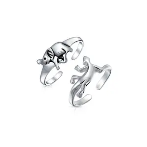 Animal Elephant & Gecko Lizard Midi Toe Ring .925 Sterling Silver (set Of 2)