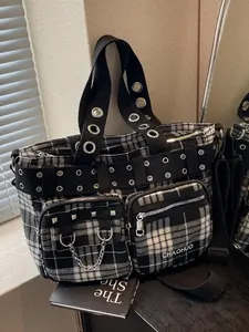 Versatile Women's Multi-Pocket Handbag, Letter Grid Chain Decor Shoulder Bag, Rivet Design Crossbody Bag, Stylish and Functional