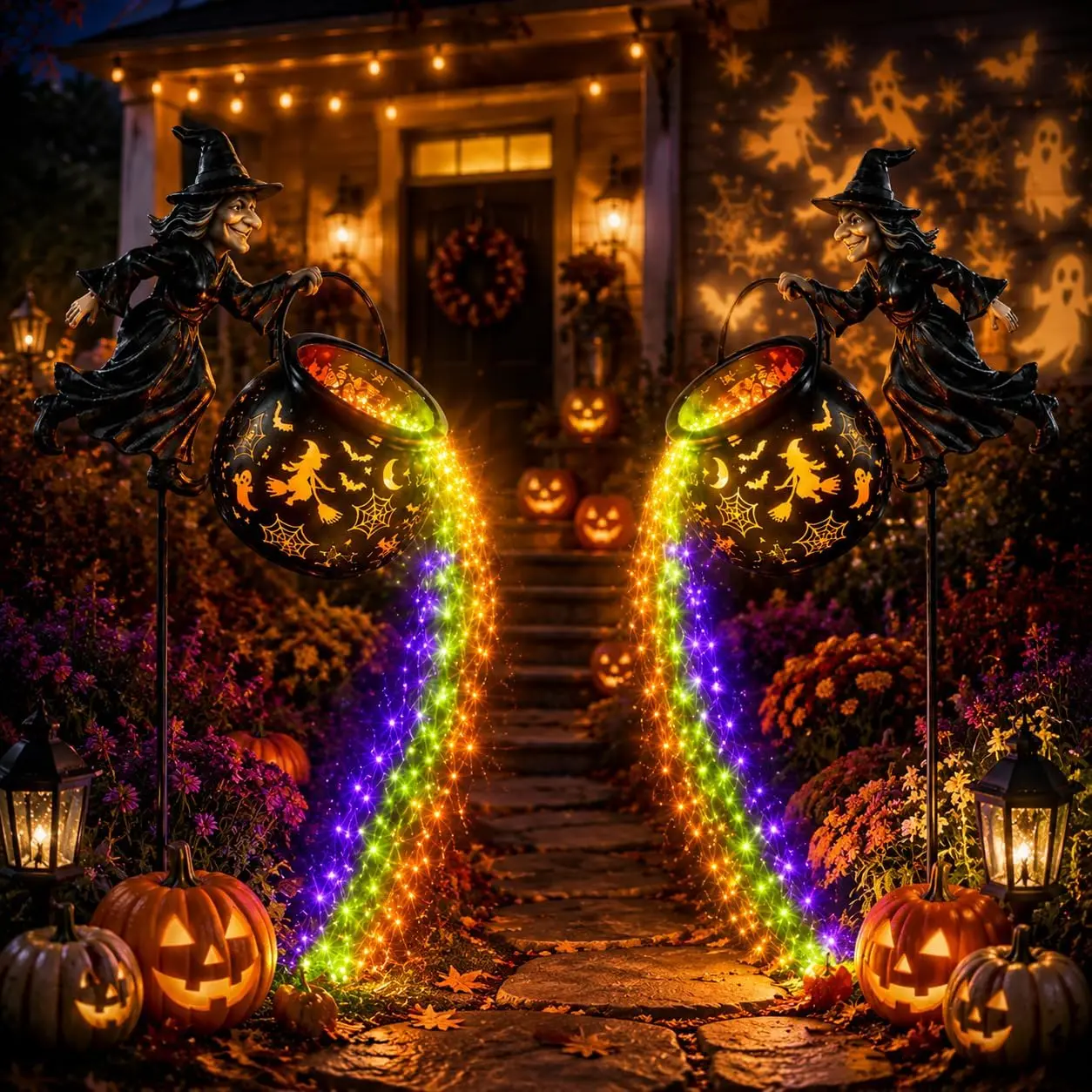 2PCS Halloween Witch Cauldron Garden Stake   Solar Outdoor  Lights, LED Like Glow  Waterfall-Style Colorful Light-Flow Outdoor Decorations for Yds, Lawns, Pathways, Home Improvement Outdoor Lighting
