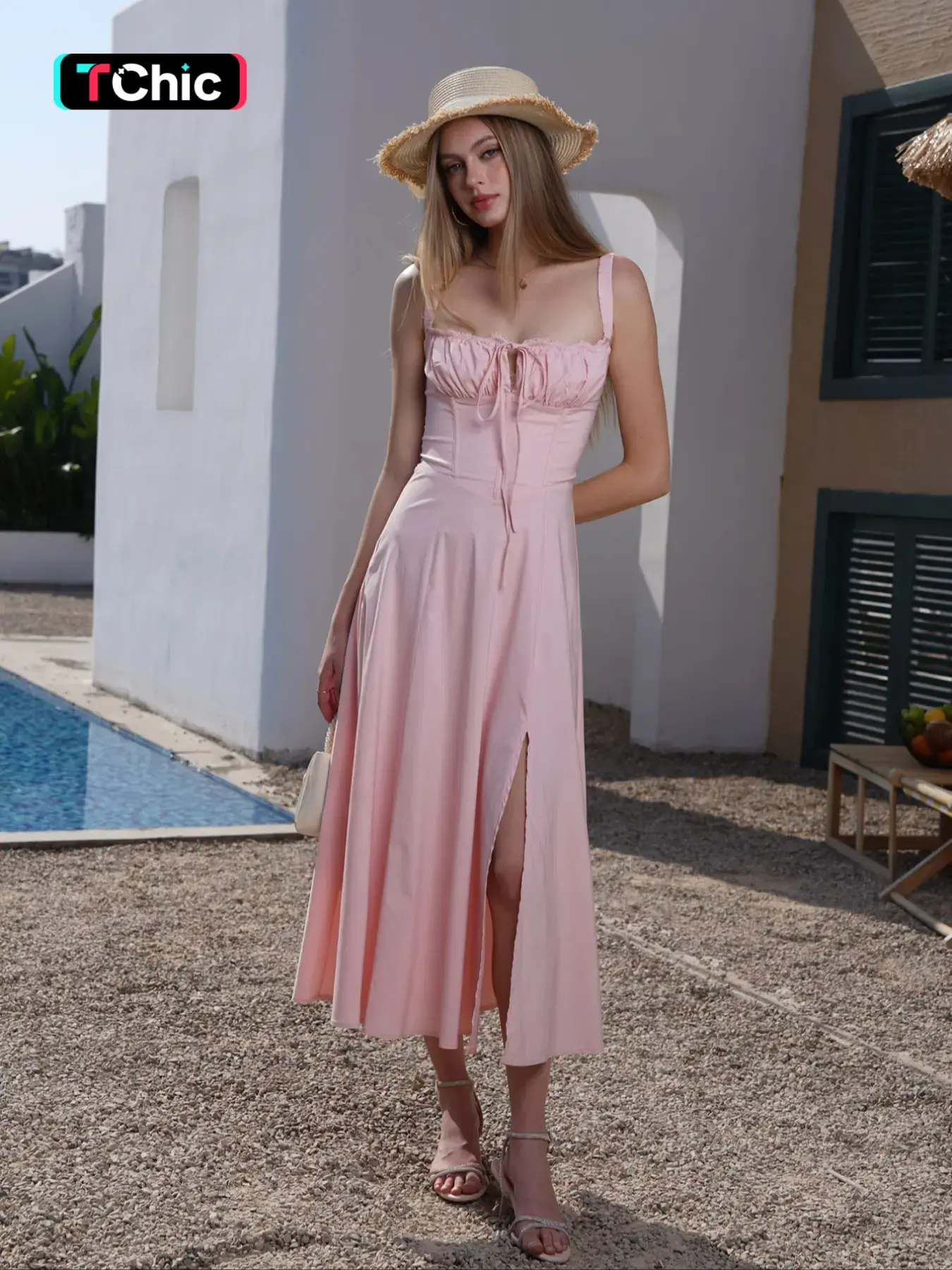 Women's Plain Ruched Lace Up Split Cami Dress, Elegant Tie Front Sleeveless Midi Dress for Summer, Summer Outfits 2024, Fashion Women's Dress for Beac