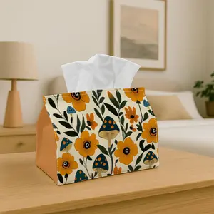 1pc Boho Botanical Pattern  - Decorative Tissue Box ,  Illustration Flower Mushroom Warm Playful - for Home, Party, Car, Kitchen & Bathroom - Tissue Holder for Everyday Use, Ideal for Party Supplies, Home Accessory, Holiday Decorators