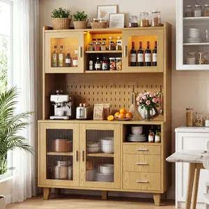 Dayago Kitchen Pantry Cabinet, Natural Wood Kitchen Hutch Tall Storage Pantry Cabinet with Lighting and 4 Glass Doors and Microwave Shelve, Modern Food Pantry for Dining Room, Kitchen