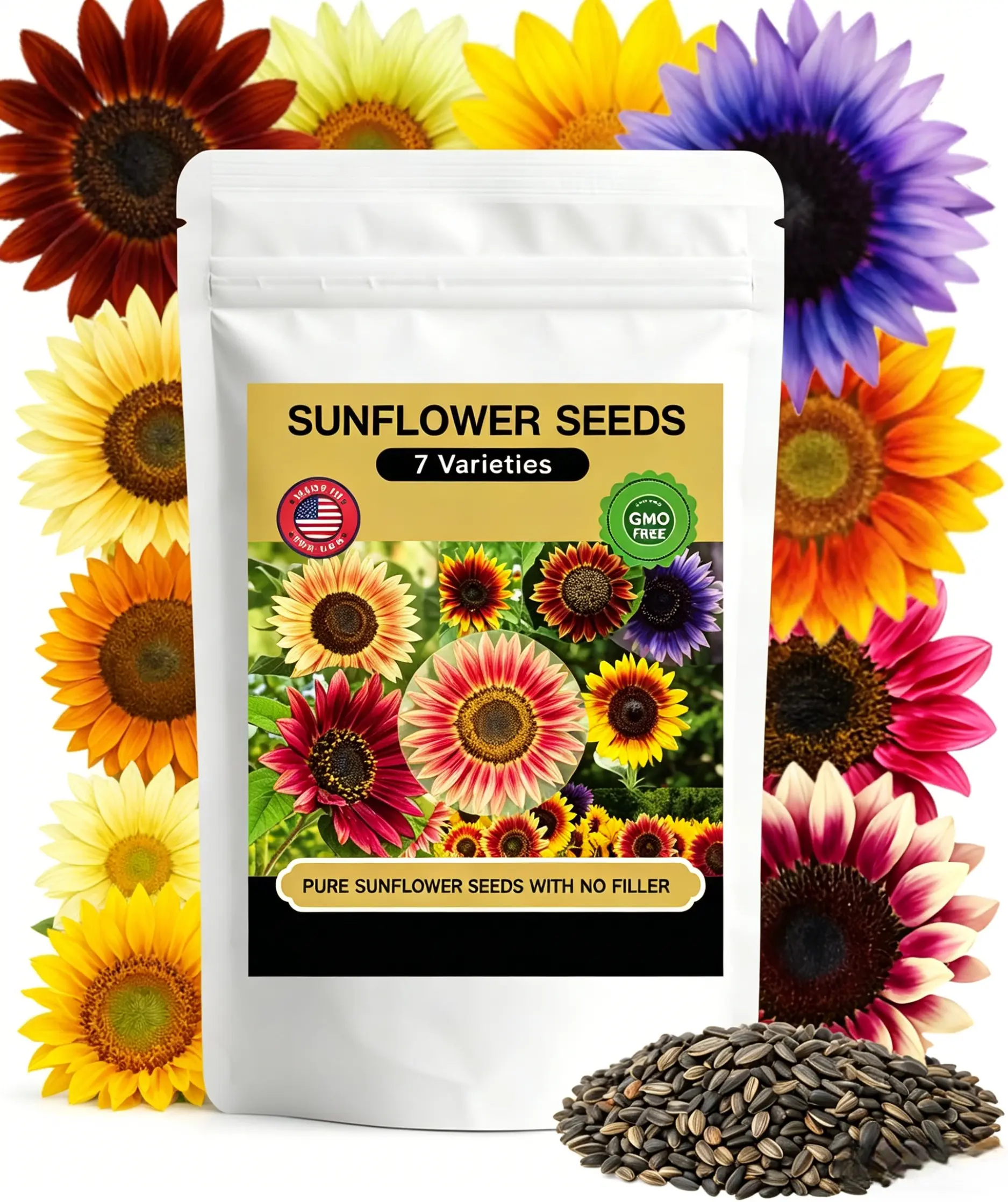 7 Varieties 300+ Sunflower Seeds for Planting Sunflower Mix Seeds to Plant Garden Variety Pack High Germination, Attracts Pollinators