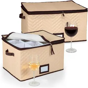 Wine Glass Storage Box with Dividers - Stemware Storage Case, Durable Quilted Microfiber Bin with Carry Handles, Protects Fine China - (2 Pack, Red & White Wine Glass)