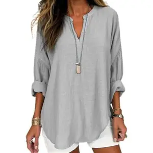 2026 Women's V-neck Cotton and Linen Pure Plus Size Shirt Top Womenswear Fitted Casual Blouse, V-neck cotton and linen solid color shirt, long-sleeved shirt in American retro casual style