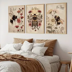 A Set of 3 Retro Bee Flower Inspirational Murals Featuring Strong, Happy, and Kind Bees. These Interesting Bee Themed Home Decor Items Are Perfect for Living Room Decoration and Frameless Murals