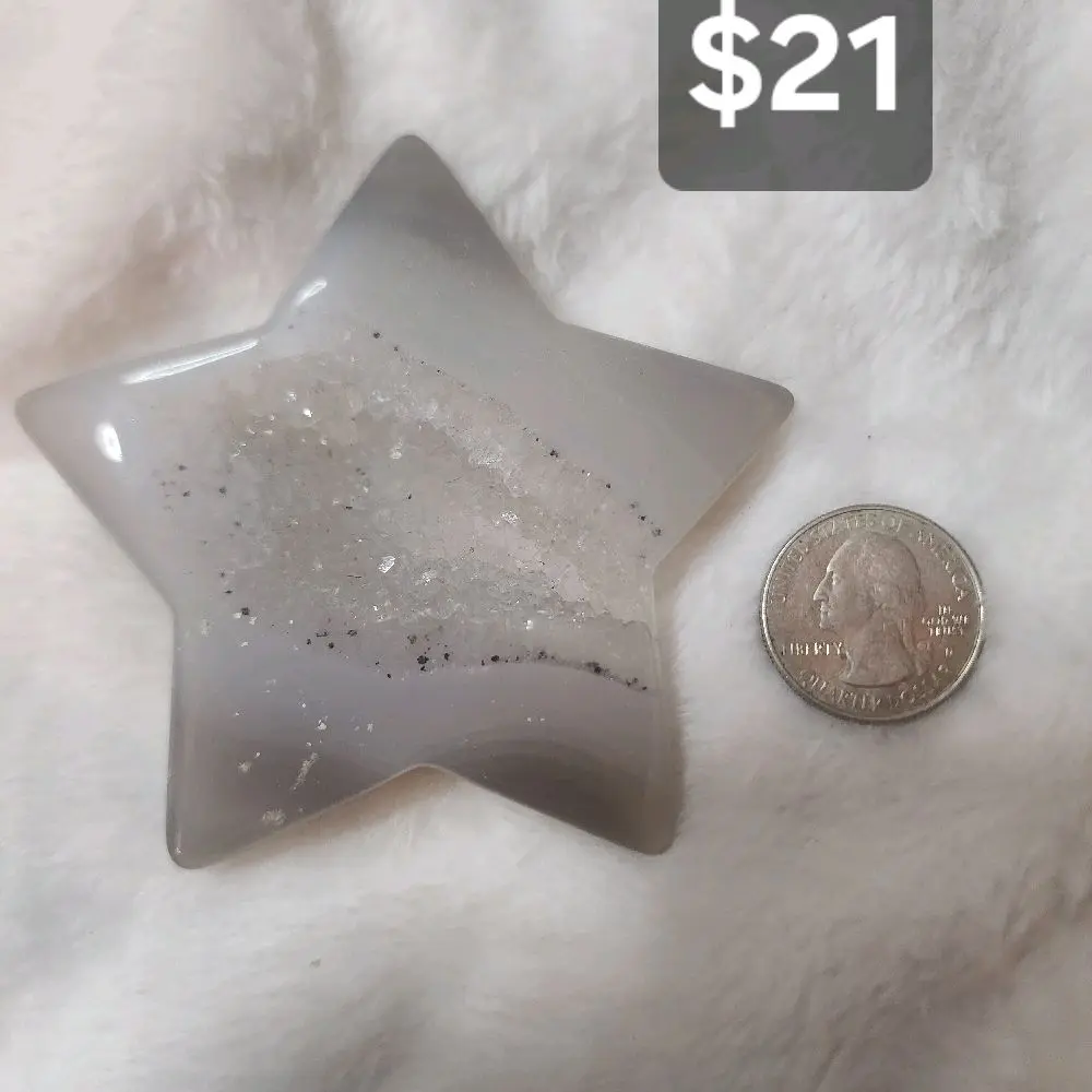 #5 Natural Gray Banded Agate Star with Druzy Center Home Decor Carving Healing Crystal for Meditation & Spiritual Gifts