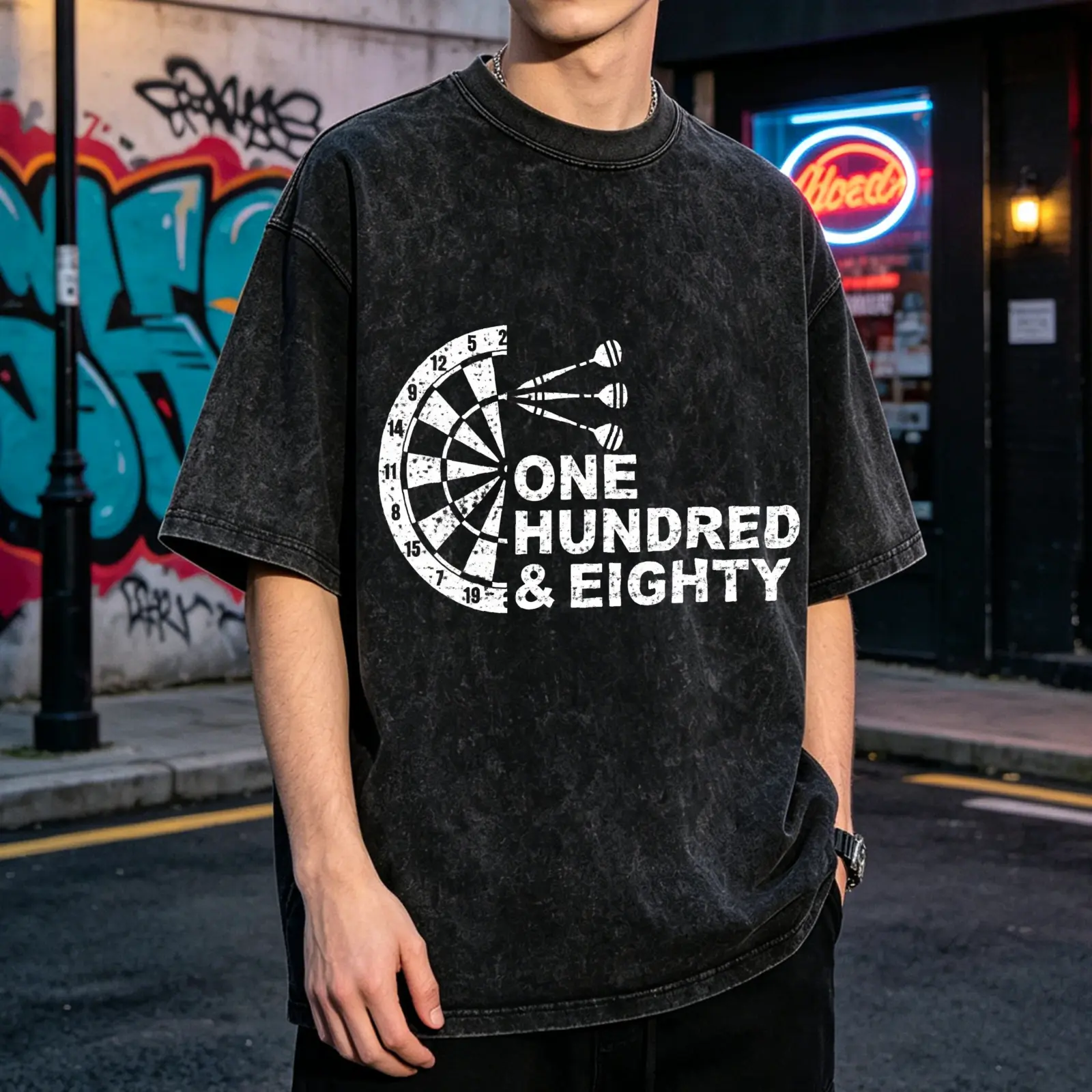 Men's Vintage Washed Round Neck Oversized Graphic T-Shirt - Dart Board & Darts 180 Print, Soft Breathable Menswear Tops, Outdoor Casual Short Sleeve