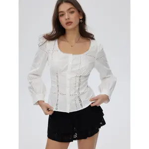 Cider 100% Cotton Textured Scoop Neck Lace Panel Blouse