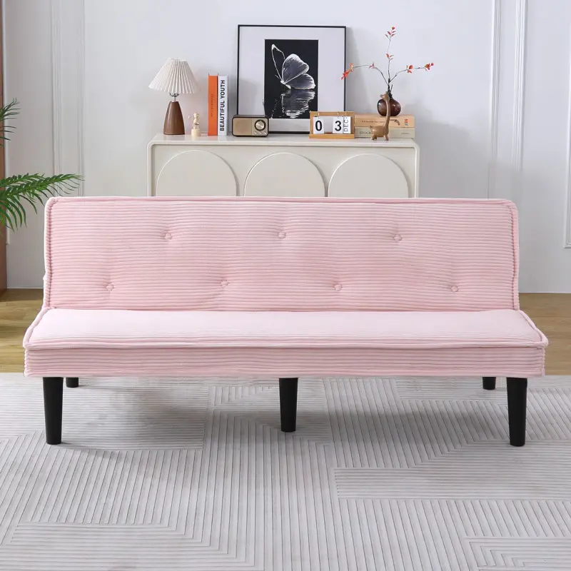 Corduroy Convertible Futon Sofa Bed - Adjustable Backrest Sml Couch, Folding Loveseat Double Sleeper for Small Spaces Living Rooms (Pink)