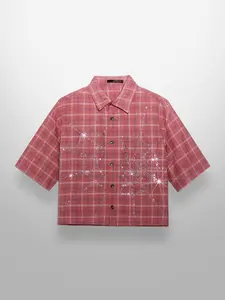 Men's Street Style Crystal Spider Web Plaid Short Sleeve Woven Shirt