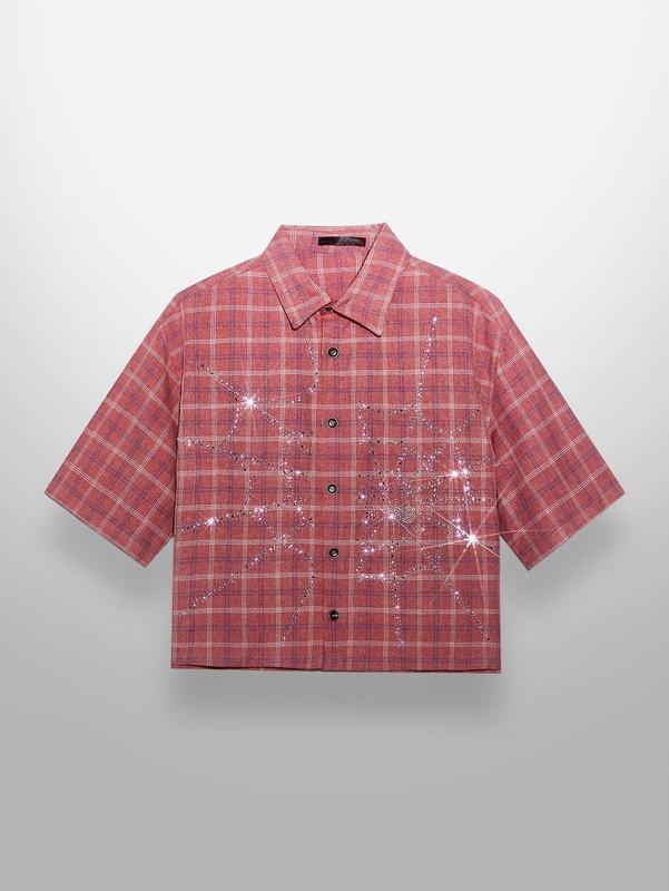 Men's Street Style Crystal Spider Web Plaid Short Sleeve Woven Shirt