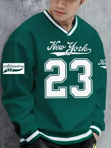 Men's Fall Winter Sport V-Neck Pullover Sweatshirt, New York Letter Print Patchwork Design, Comfortable Casual Wear, Perfect for Daily Use