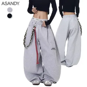 ASANDY Chain Decor Baggy Sweatpants Women Gray High Waist Wide Leg Trousers Oversize Streetwear Aesthetic Casual Pants