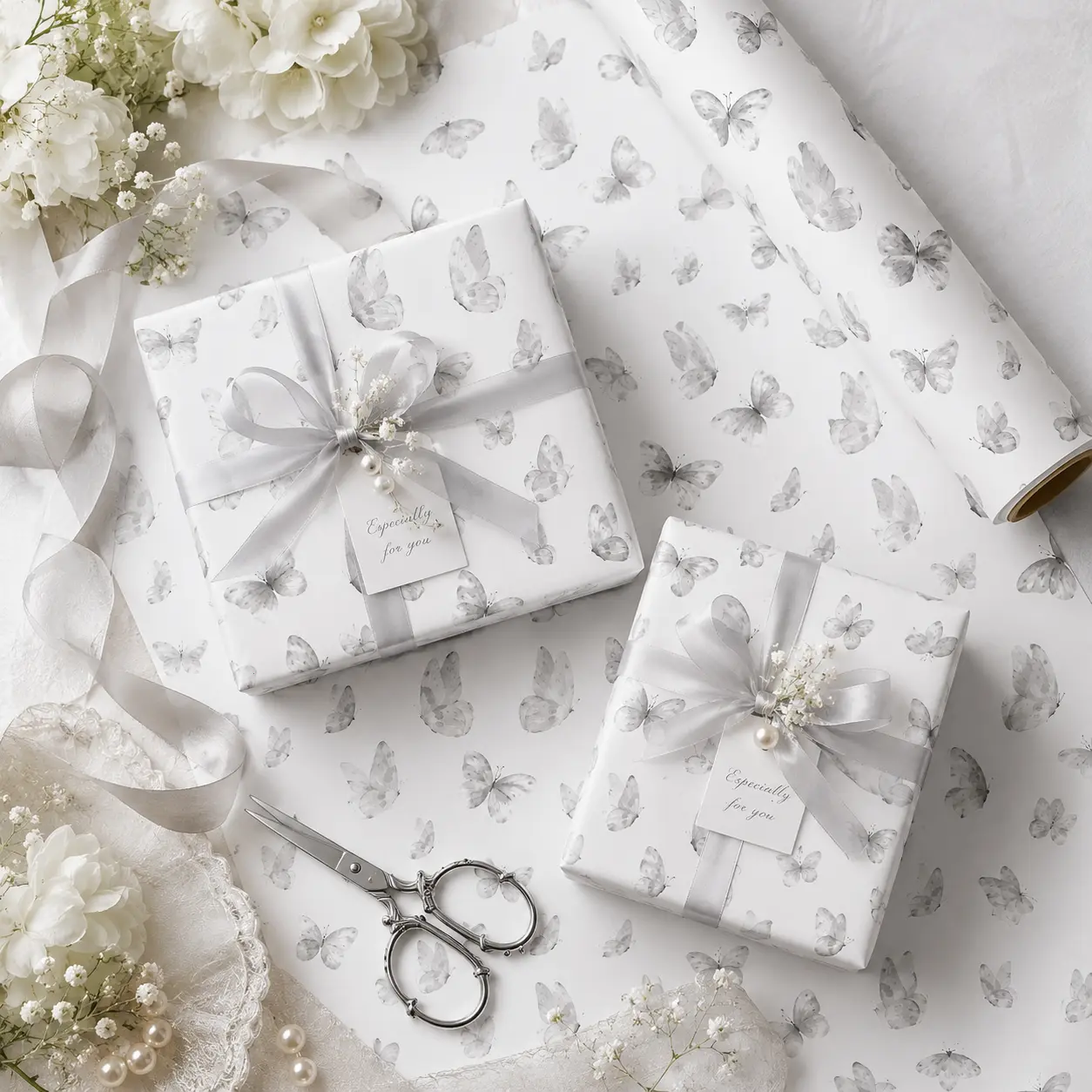 Monochrome Watercolor Butterfly Gift Wrapping Paper Sheet - Minimalist Black and White Floral Insect Wrap for Birthday Graduation Anniversary
