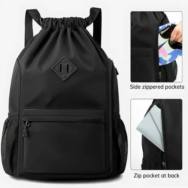 NEYRAT Waterproof Nylon Sporty Drawstring Backpack for Men & Women - Outdoor Fitness & Everyday Bag with 2 Water Bottle Holders and Zipper Pockets, Outdoor Fitness Bag, Draw String