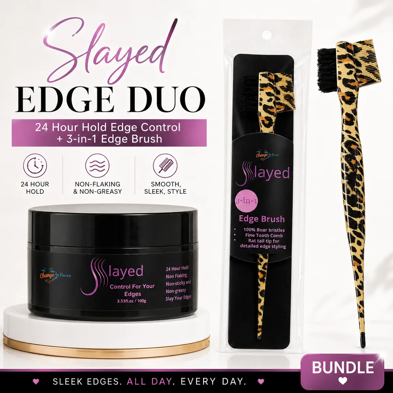 Change In Faces 100g 24-Hour Hold Non-Flaking Edge Control & 3-in-1 Leopard Boar Bristles Brush Set - Haircare Sleek Smoothing Duo for Clean Dry Hair