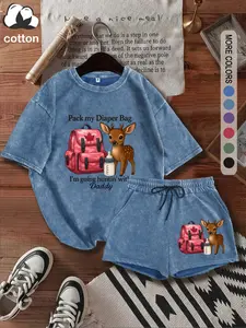 Pack my Diaper Bag, I'm going huntin' wit' Daddy women's suit, Christmas print, casual sports outing, women's all-season short-sleeved stretch shortened trouser set, washed distressed style casual two-piece set, women's gift