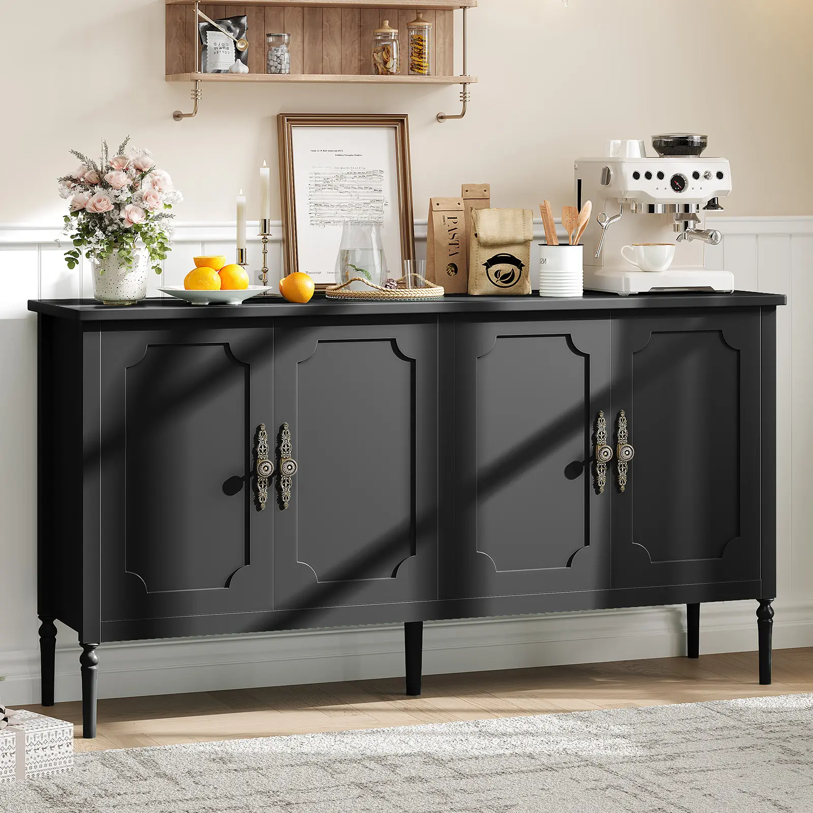 Vintage Style Buffet Sideboard Cabinet, 59 Inch Coffee Bar Console Table, Wooden Storage Furniture with 4 Doors & Adjustable Shelves, Classic Black for Dining Room, Living Room, Kitchen, Hallway