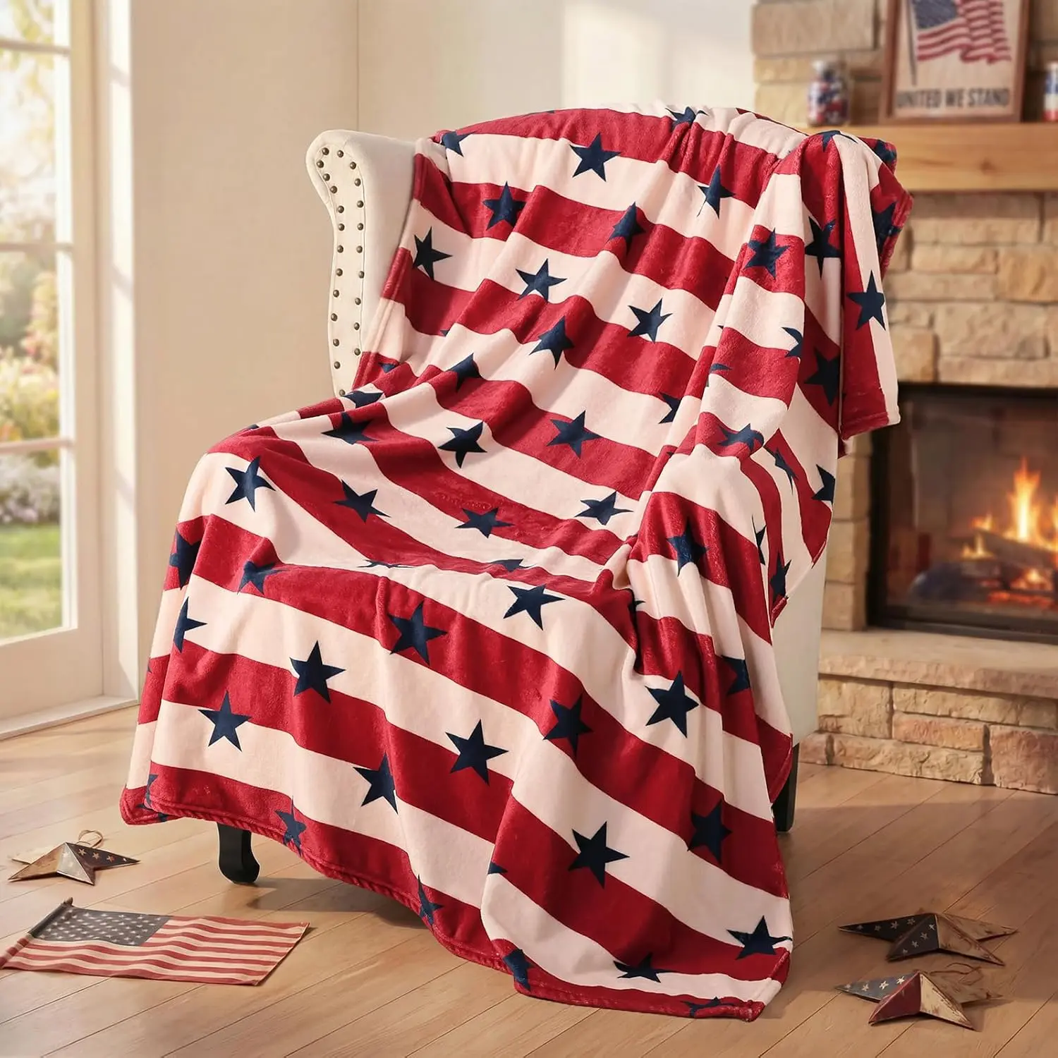 Patriotic Soft Flannel Throw Blanket - 4th of July Unisex Red White Blue American Flag Stars-Stripes Couch Sofa Decor, Relaxation Watch Party Various Fits Americana Gift, Multi-Size, Bed