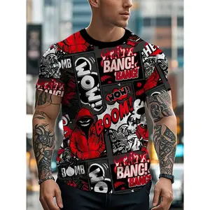 3D Digital Printed Men'S Fashionable Printed T-Shirt, Casual Style, Round Neck, Polyester Material, Summer, Graffiti Pattern Design, Knitted Fabric, Casual Sports Style Streetwear Crewneck Top Menswear