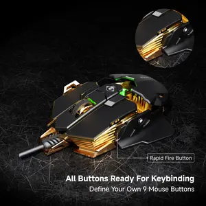 EWEADN G5 Wired Gaming Mouse, Ergonomic RGB Computer Mouse, 12800 Adjustable, 9 Programmable Macro Buttons with Rapid Fire Key Compatible for PC/Laptop/Windows- Black&Gold