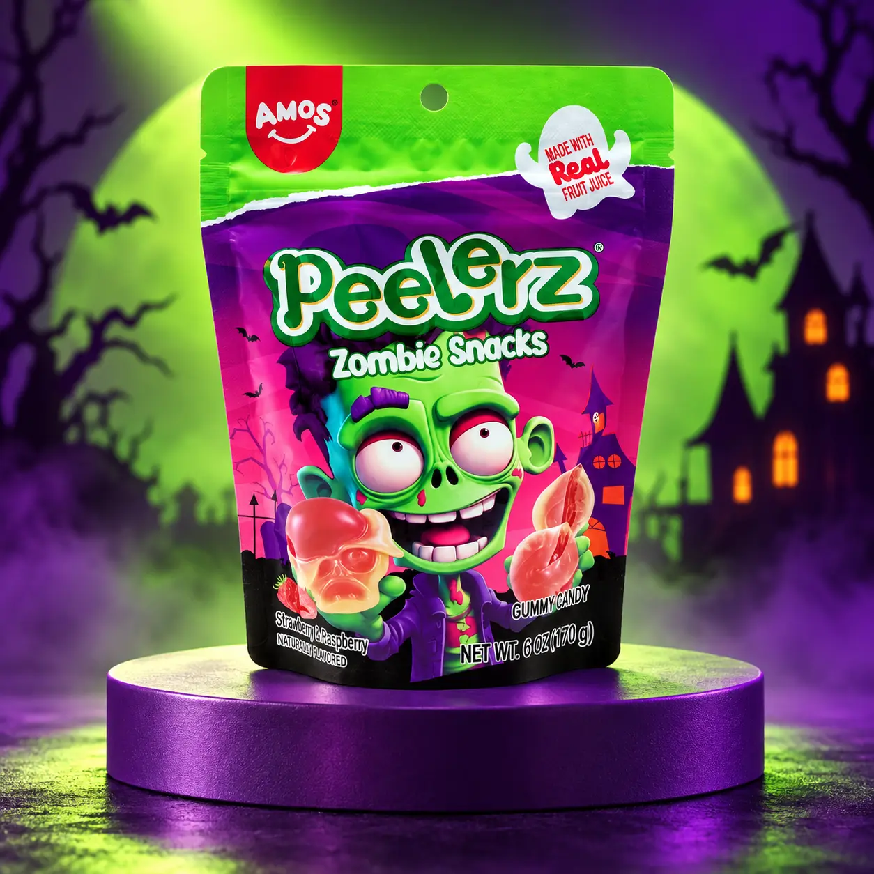 Peelerz Zombie-Themed Peelable Fruit-Flavored Soft Chewy Mini Gummy Fruit & Chewy Candies, Strawberry-Sweet Halloween Snacks