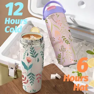 PIKPAKA Botanical Pattern Vacuum Flasks 700ml Ceramic Lined Tumbler with Tea Infuser & Hidden Straw, Vacuum Insulated Travel Mug, Long Cold Retention Coffee Water Bottle with Handle & Non-Slip Base