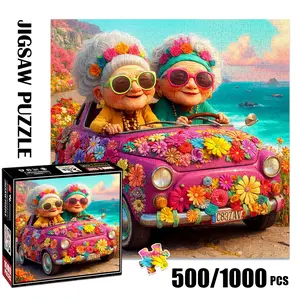 1pc 1000 piece adult puzzle 58x58cm Two Elderly Ladies in Floral - Decorated Car by the Sea 500 pieces of paper puzzle, suitable for adults and families, large-scale DIY puzzle interactive toy g