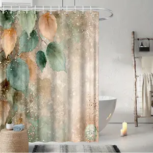 2D Flat 1Pc Autumn Leaf Print Shower Curtain - Green, Brown, Beige Watercolor Design, 71x71inch, includes 12 hooks, machine washable polyester material, suitable for bathroom decoration, bathtub and party backdrop, easy-care fabric