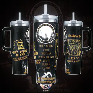 Framework The Story So Far Band TSSF 40oz Tumbler Design Gold Black Distressed Art with Moon Vacuum Insulated Cup with Comfort Handle Leak-Proof Straw Hot Cold Container for Pop Punk Fans Birthday Gift for Music Lovers
