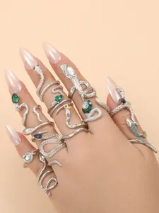 Punk Style Snake Ring Set, Vintage Punk Stackable Rings with Zircon Gemstones, Silver Color Unisex Jewelry for Daily Wear