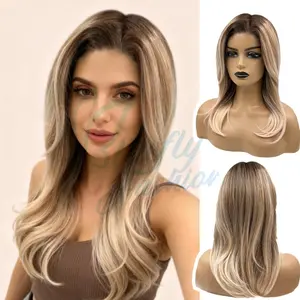 Women 18-Inch Mixed Gold Loose Curl Pre-Cut Snowflake Front Lace Wig Glue-Free Airy Synthetic True-to-Life Simple-Style Knot-Free for Daily Runs & Night Events