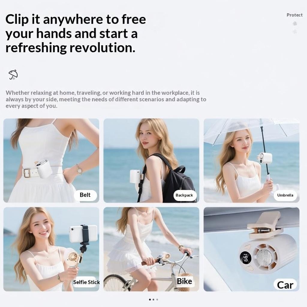 Portable car LCD fan with 360° rotation and 199-speed adjustment. USB charging. Low noise. Mini clamp-type fan. Compact and multi-functional. Suitable for use in cars, umbrellas, bicycles, travel, camping and outdoor activities.