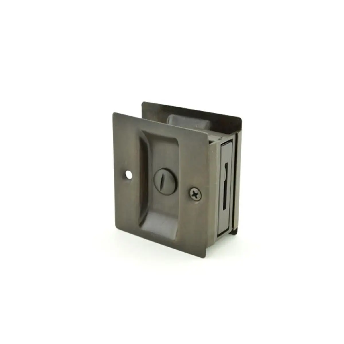 Trimco 212 MAIN Privacy Pocket Door Security Lock - 1.375 in. Thick, Square Cutout Design, Dark Bronze Powder Coat, Pre-Assembled Solid Brass Door Hardware Accessory with Edge Pull & Field Reversible Feature