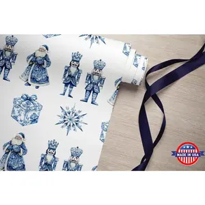 Chinoiserie Christmas Wrapping Paper Roll, Blue Christmas Gift Wrap, Nutcracker Wrapping Paper, Santa Gift Wrap Roll