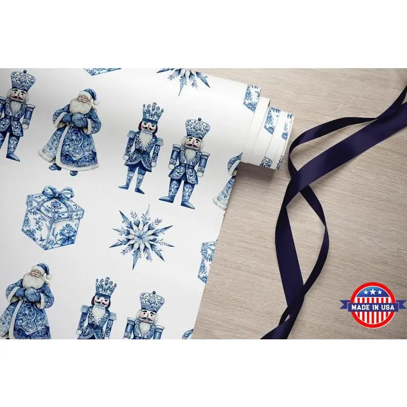 Chinoiserie Christmas Wrapping Paper Roll, Blue Christmas Gift Wrap, Nutcracker Wrapping Paper, Santa Gift Wrap Roll