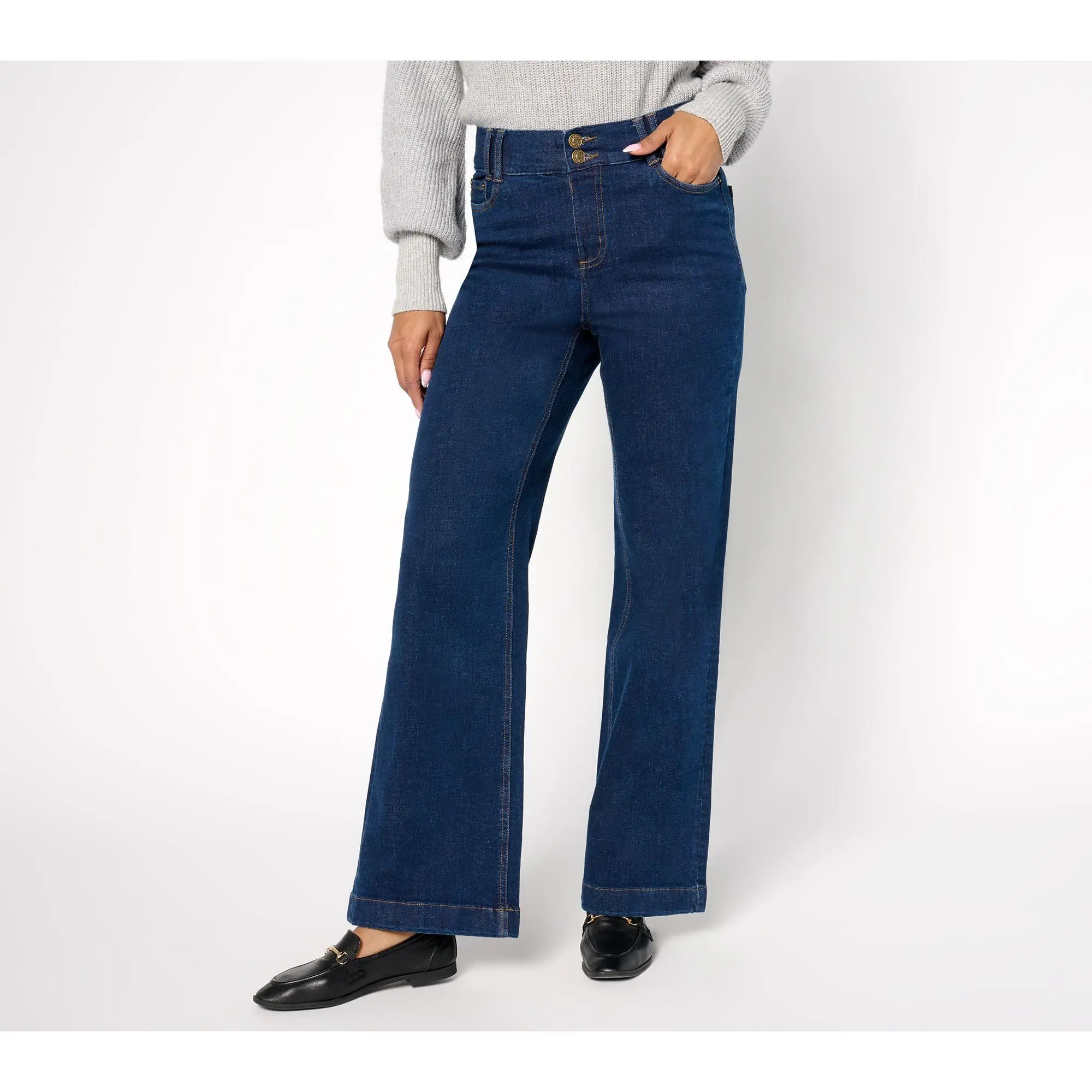 Denim & Co. Petite Indigo Easy Stretch Double-Button Wide-Leg Jeans
