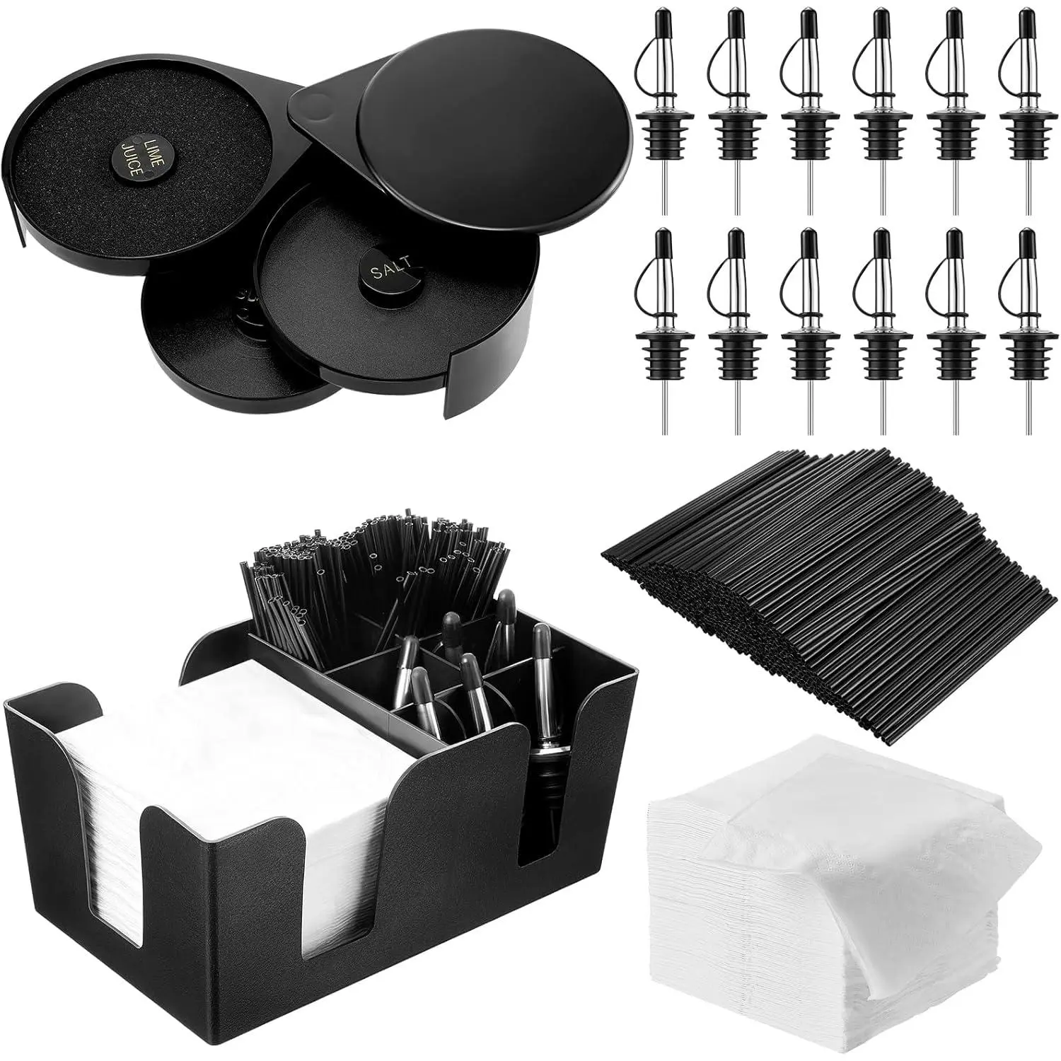Bartender Utensils Set - 3-Tier Glass Rinser, 12 Stainless Steel Classic Bottle Pourers, 6-Compartment Caddy, 1000 Coffee Cocktail Stirrers, 200 Plastic Napkins for Mixologists