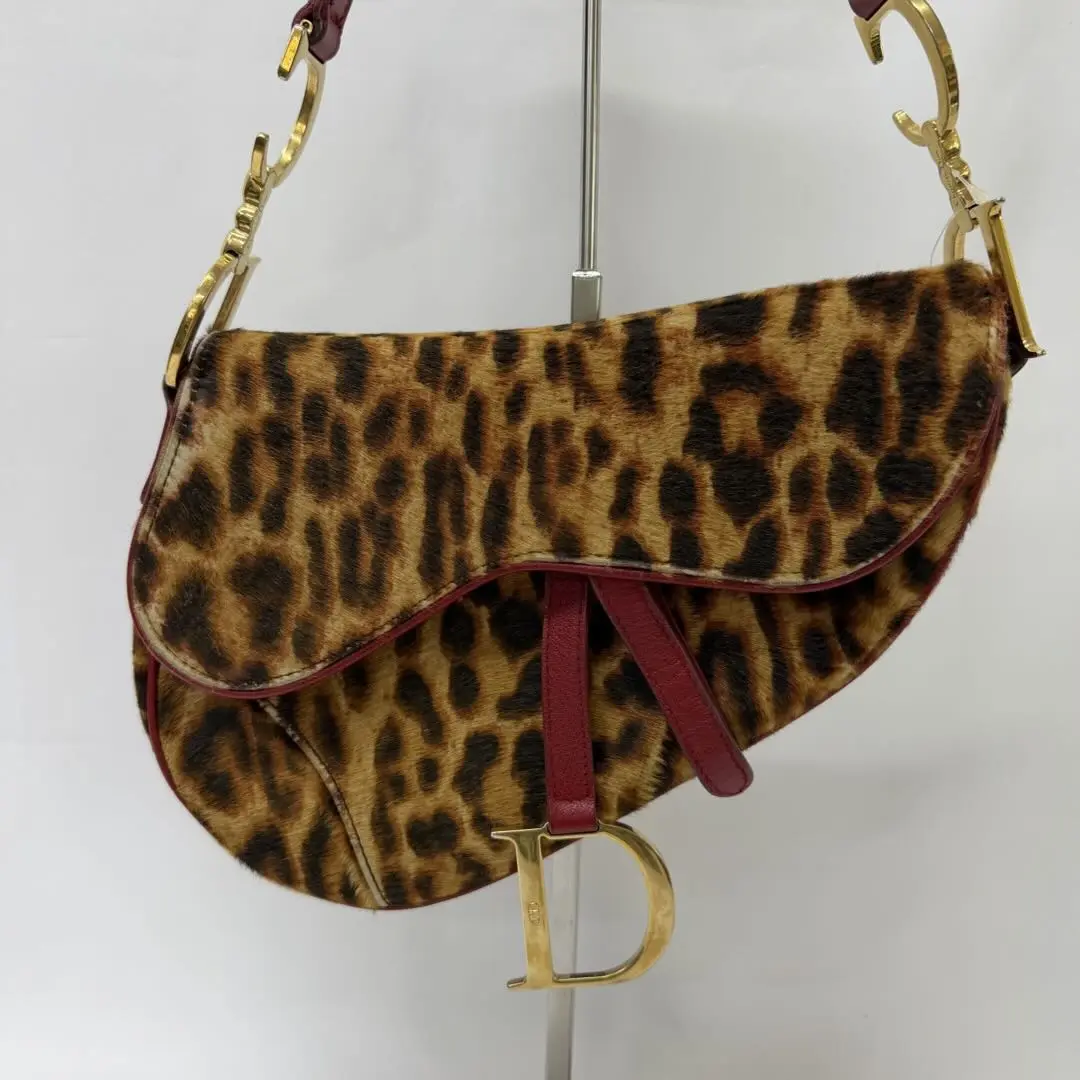 Pre-owned Dior Christian Vintage Saddle Bag in Leopard Print with Red Leather Trim