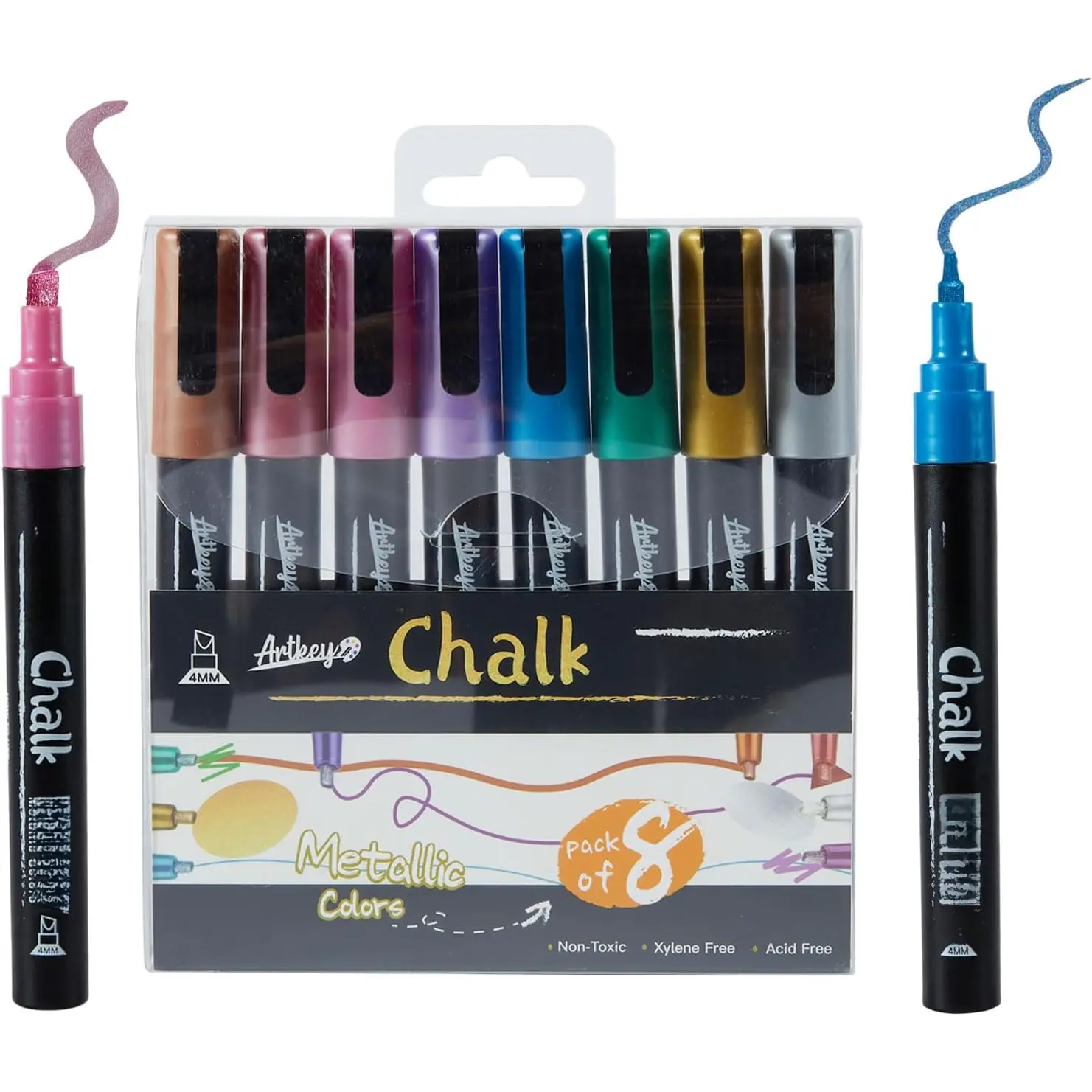 Metallic Chalk Markers Set - 8 Pack with Reversible Tips (Chisel & ) for Chalkboards, Windows, Glass & More - Vibrant Colors for Art & Craft Projects