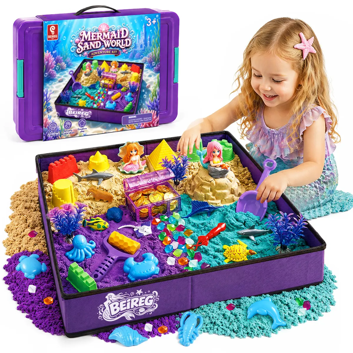 BEIREG Mermaid & Unicorn Sensory Sand Kit - 3-Style Sandbox Options, 2-3lbs Sand, Full Molds & Tools Set, Non-Toxic Mess-Free STEM Product, Animals & Nature Construction Little Gifts for Girls Ages 3-8 (Birthday Gift)