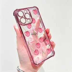Four Corner Anti-Fall Cherry Bows Pattern Phone Case for iPhone 17 16 Pro Max 15 Plus 14 13 12 11 Ari E Shockproof Transparent Electroplated Protective Cover Protection Cellphone Casing