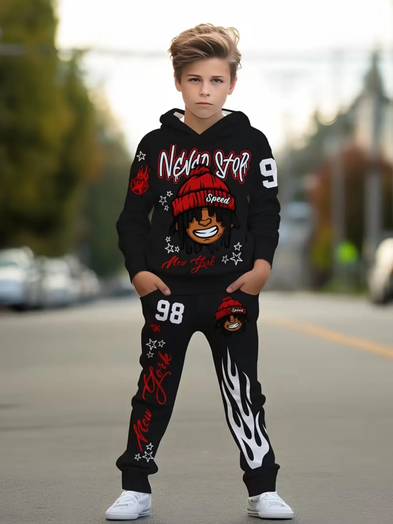 Boys' Cool Rep Boys Print Hoodie Set, Sweatshirts, Hooded Pants Pocket Set, Sweatpants, Perfect for Outdoor Activities, Casual Geometric Pattern, All Seasons, Youth Kits, Outfit Sets