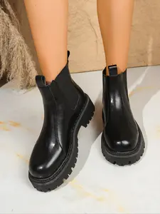 Women's Leather Chelsea Boots, Thick Sole Lug Sole Short Boots, Side Elastic Slip-On, Vintage Style Casual Shoes, Chunky Heel Design, Thick Heeled Boots