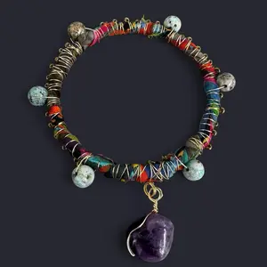 Fabric Wire Wrapped Bangle Bracelet