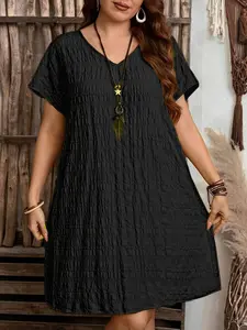 Plus Size Summer Casual Loose V-Neck Solid Color Short Sleeve Dress, Comfortable and Stylish, Perfect for Daily Wear, Ideal for Warm Weather
